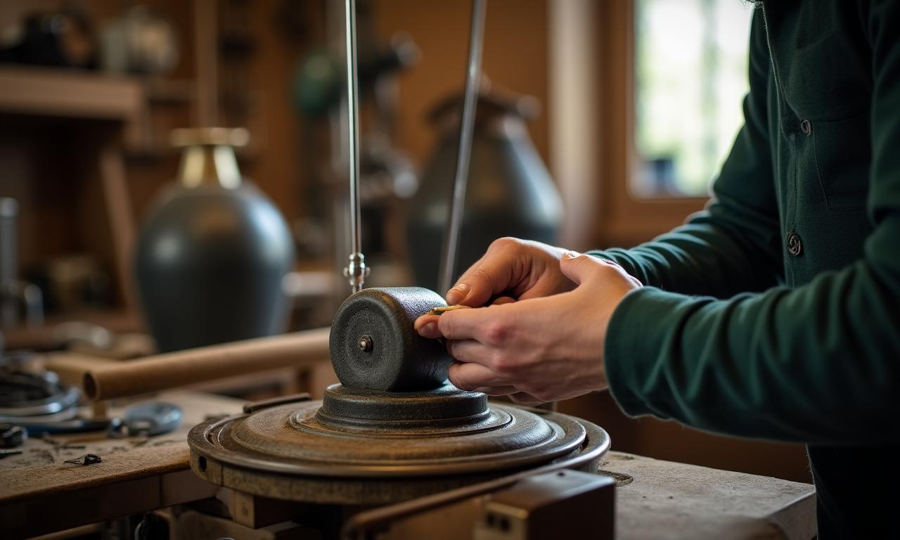 Un artisan polissant une tête de putter en métal dans l'atelier de l'Avenue Junot à Paris